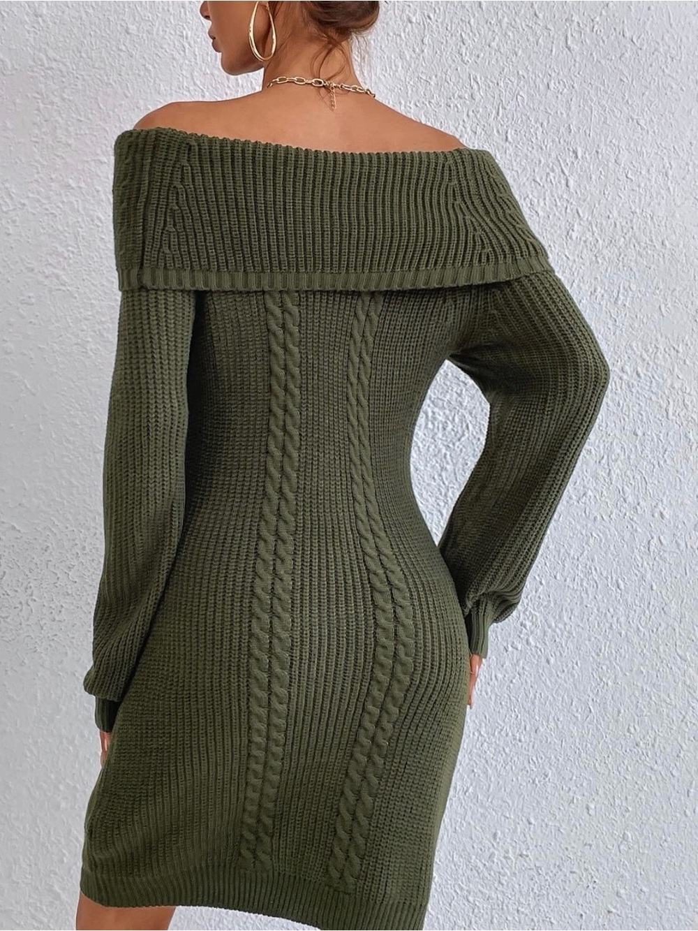 Off-Shoulder Cable Knit Sweater Dress - Olive